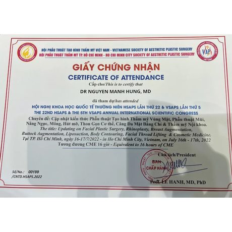 Chứng nhận Hội nghị Quốc tế HSAPS & VSAPS