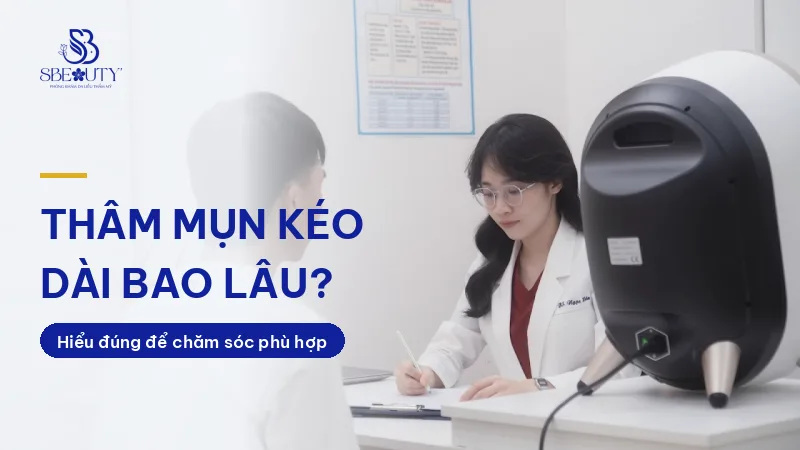 Bác sĩ khám da cho khách quay lưng để đánh giá thâm mụn tại phòng khám